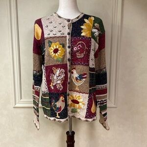 Vintage Tiara Sweater Knit Cardigan Farm Rooster Country Harvest Sun Flower Lrg